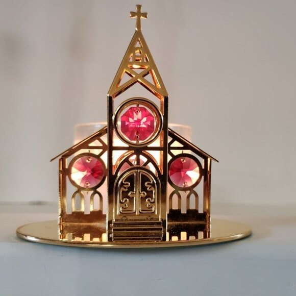 Vintage Holiday Church Decor 24K Gold Plated Tabletop Crystal Delight Candle - Picture 1 of 7
